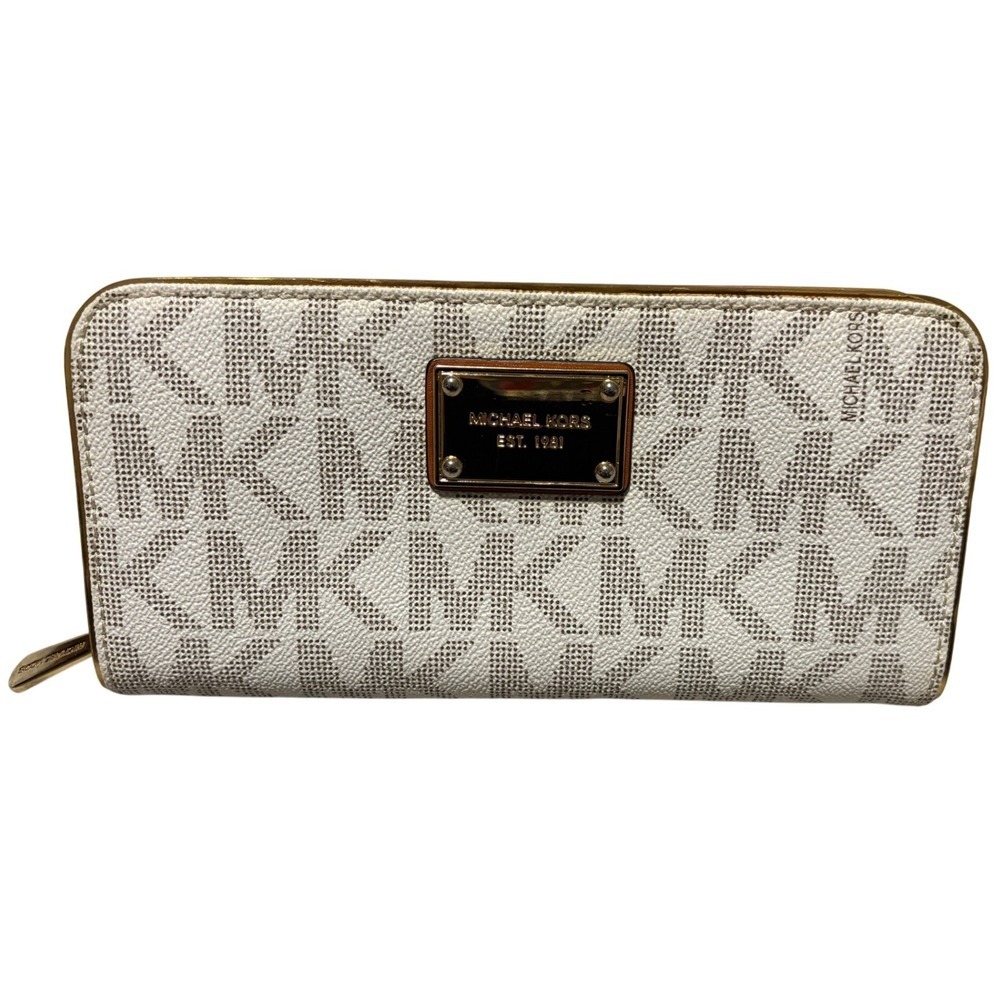Michael Kors Jet Set Vanilla Print Continental Zip Around Wallet Gold Tone